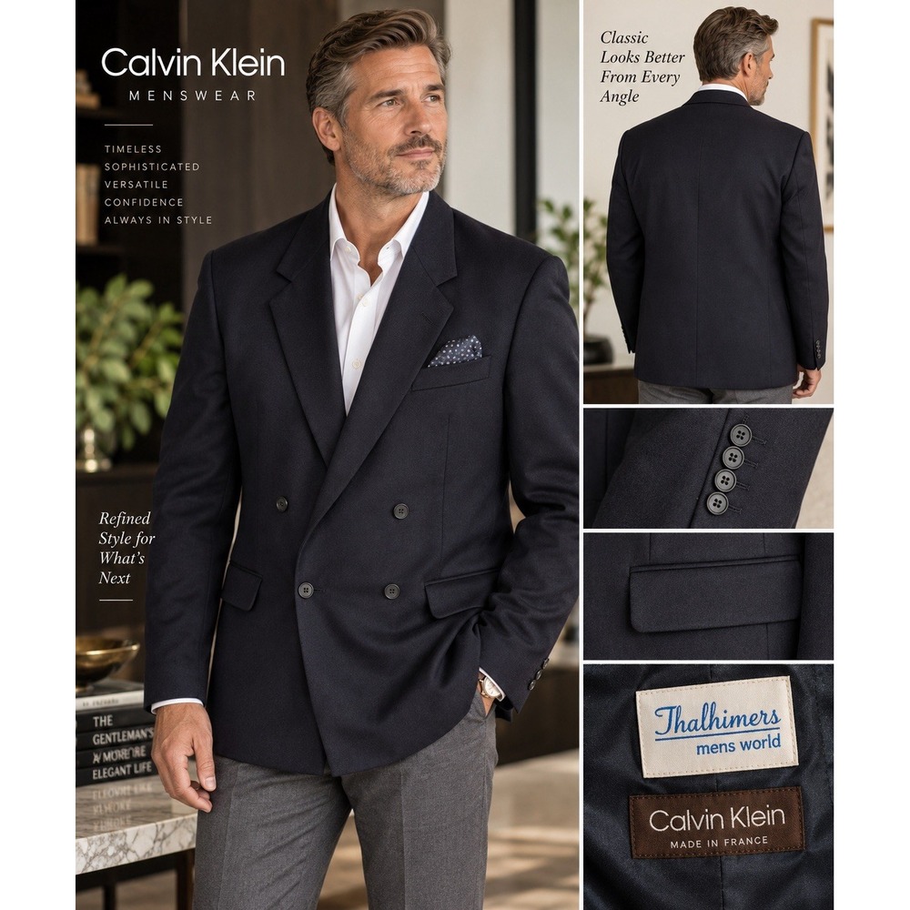 Vintage Calvin Klein Mens Blazer 40R Navy Double Breasted Made in France